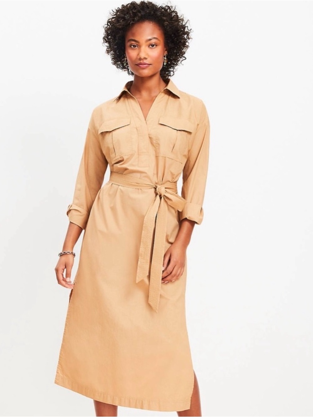 LOFT Cotton Utility Midi Dress Camel/Tan Petite 00 NWT